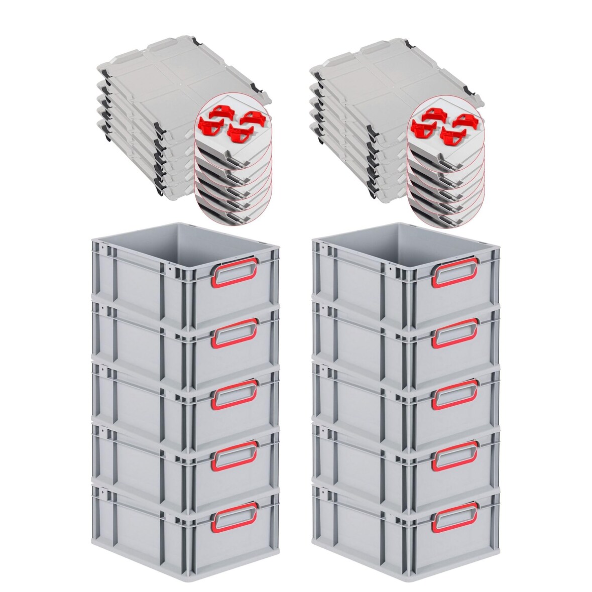 PROREGAL SuperSparSet 10x Eurobox NextGen Color mit Auflagedeckel & Verschlüsse, HxBxT 17x30x40cm, 16L, Grau, Griffe rot zu, Eurobehälter, Box
