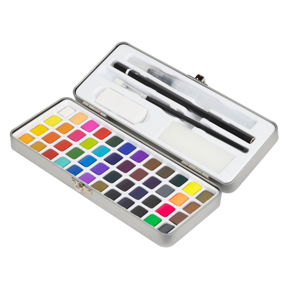 ECD Germany Aquarellfarben Set 48 Farben, tragbare Box mit Pinseln, Bleistift & Zubehör, Malkasten für Anfänger & Profis, Wasserfarben Set für