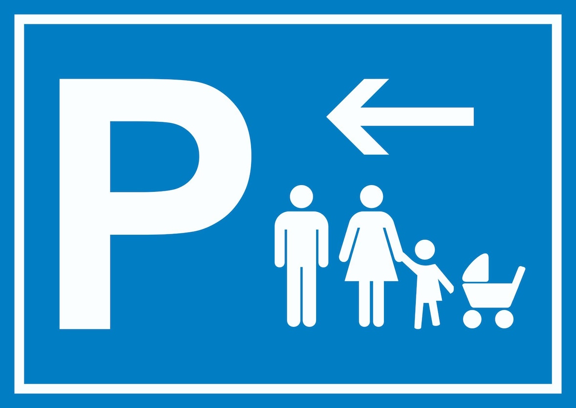 Eltern Kinderwagen Parkplatz Schild mit Richtungspfeil links waagerecht A1 (594x841mm)
