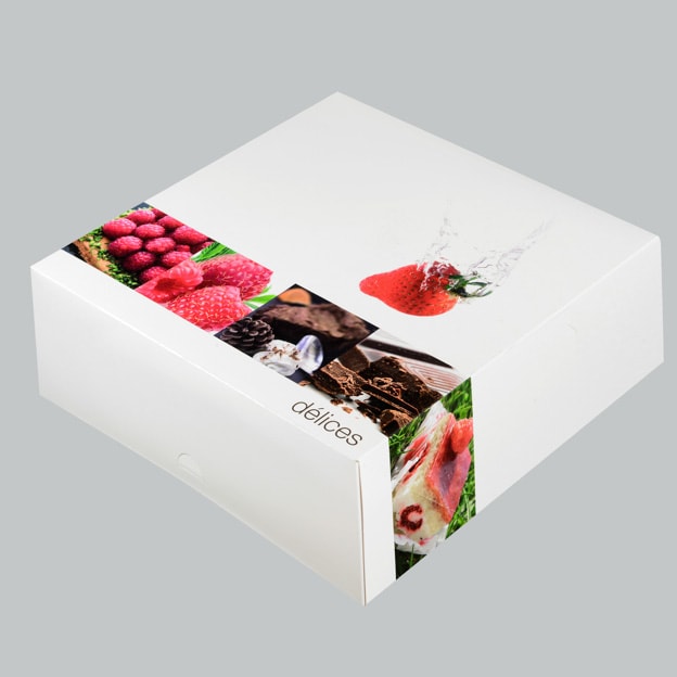 Boîte pâtissière décor Délices 300x300x100mm par 80 pièces JORIDEAL