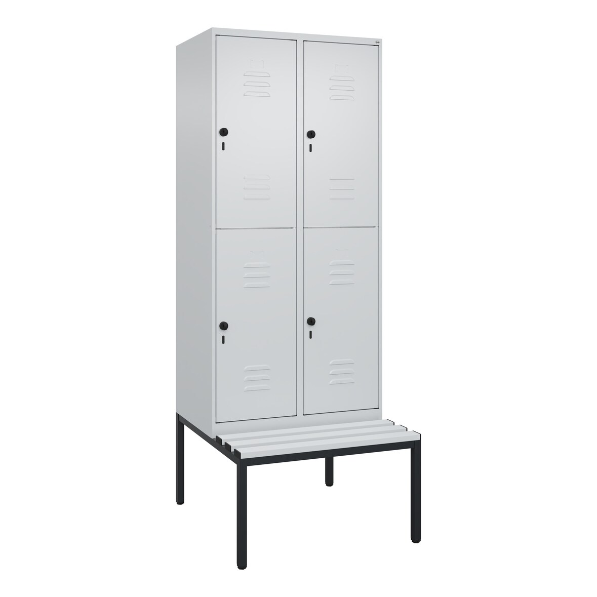 C+P Spind Classic PLUS, Kunststoff untergebaute Sitzbank, 4 Abteile, HxBxT 212x80x82cm, Sicherheitsdrehriegel, Hellgrau/Hellgrau von PROREGAL