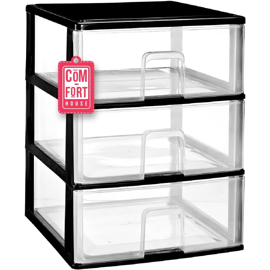 COM-FORT HOUSE | Cajonera Apilable de Plástico | Modelo Transparente | Color Negro | Modelo de 3 Cajones