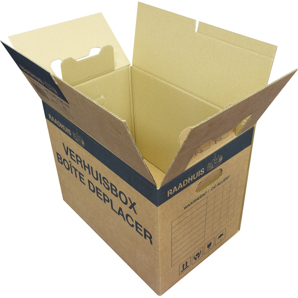 Raadhuis verhuisdoos Budget met dubbele bodem, 485x320x365mm (inwendig), 20 stuks.
