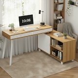 thumbnail of Merax Schreibtisch,  L-förmiger 160×120×76.5 cm, Eckschreibtisch mit 2 Schubladen & Schrank, MDF Bürotisch mit Stahlbeinen, Naturfarbe & Weiß