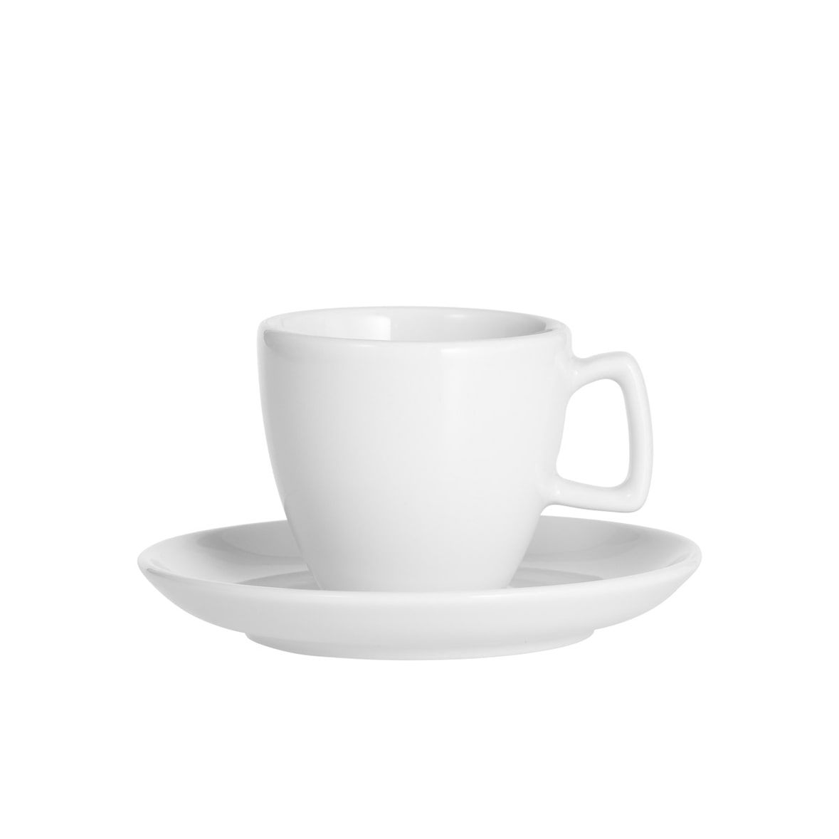 6 x Espresso-Tasse, Inhalt: 0,10 ltr., mit Untertasse, Form CREMA, UNI WEISS, Henkelform eckig, Höhe: 5,5 cm