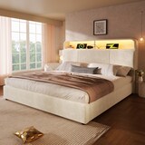 thumbnail of Polsterbett 180x200 cm mit höhenverstellbarem Stauraum-Kopfteil, LED-Beleuchtung & USB/Type-C-Anschluss, Beige