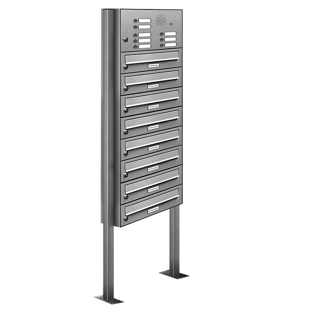 AL Briefkastensysteme 8 Fächer Premium Edelstahl Stand Briefkasten Anlage mit Klingeln, Post A4, modern, robust, wetterfest, Artikelnummer: 132V8S1KS