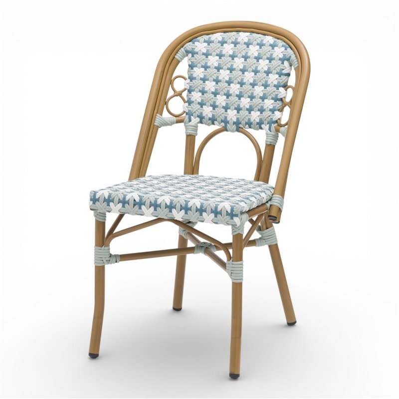 Chaise de jardin MATIGNON en aluminium et polyéthylène 47x59x85 , tissage bleu clair, blanc et gris.