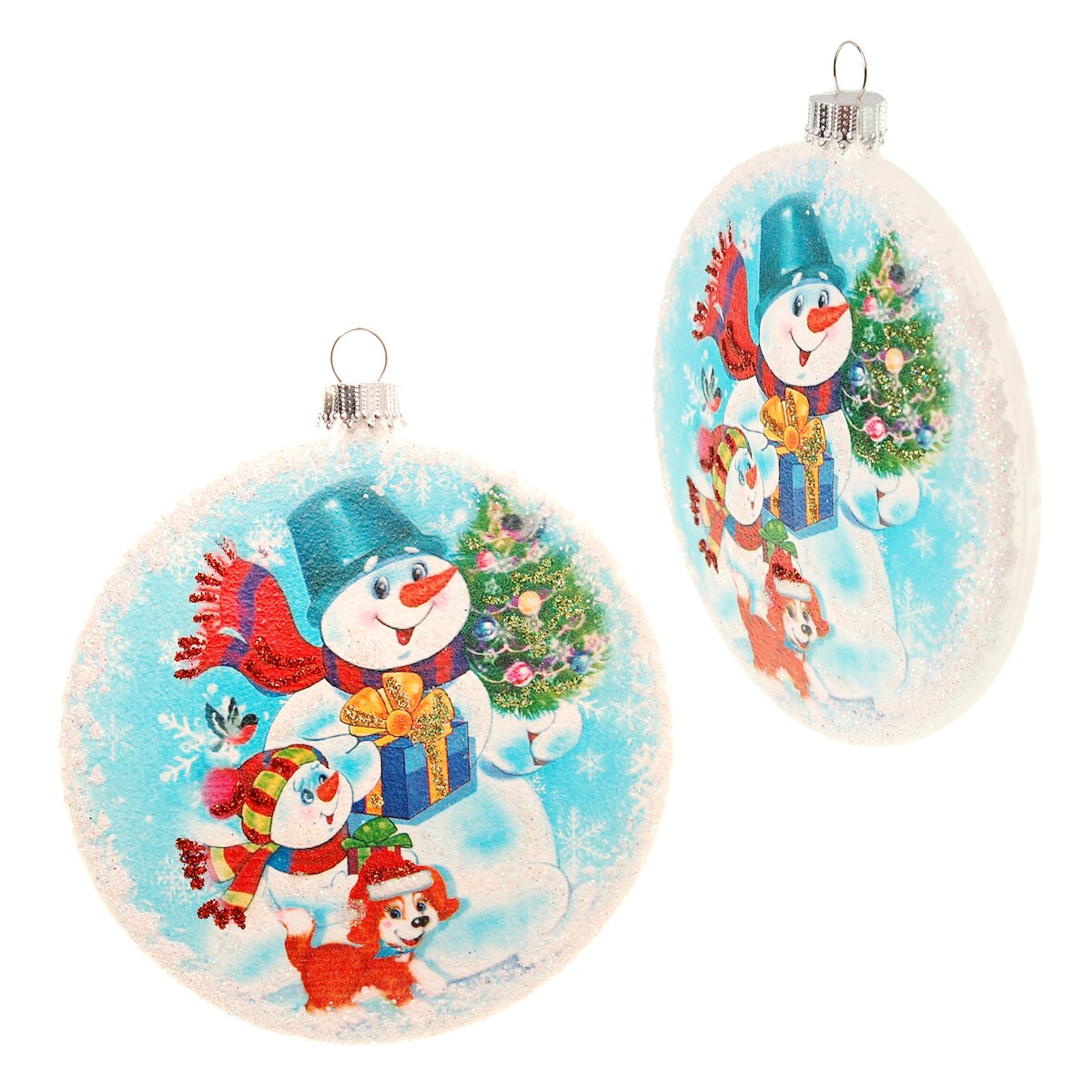 Krebs Glas Lauscha Multicolor 9cm Taler aus Glas, bedruckt und dekoriert mit Schneeman-Duo, mundgeblasen und handdekoriert