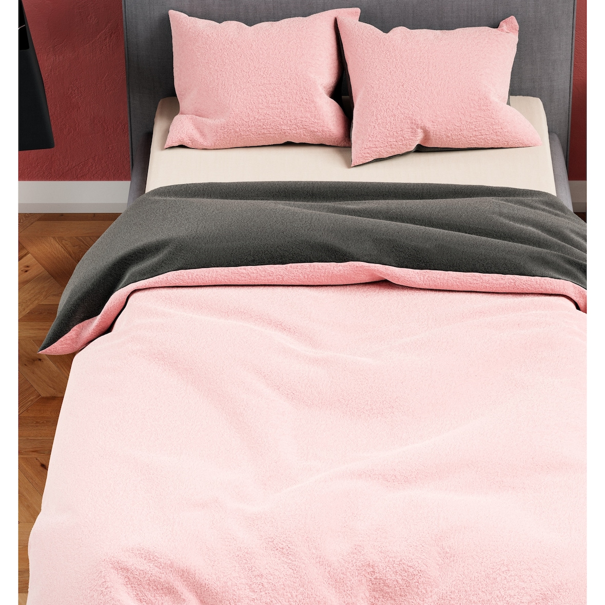 Teddyplüsch Winter Bettwäsche 200x200 Rosa Anthrazit 3 teilig flauschig warm
