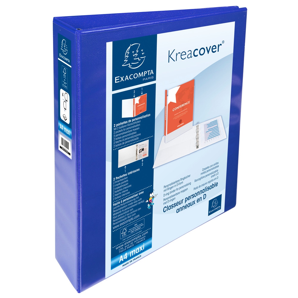 Exacompta Personalisierbares Ringbuch aus PP 1,9mm, 4 Ringe 40mm, Rücken 64mm, 2 äußere Klarsichthüllen, 32x28,5cm für DIN A4 Überbreite - Kreacover