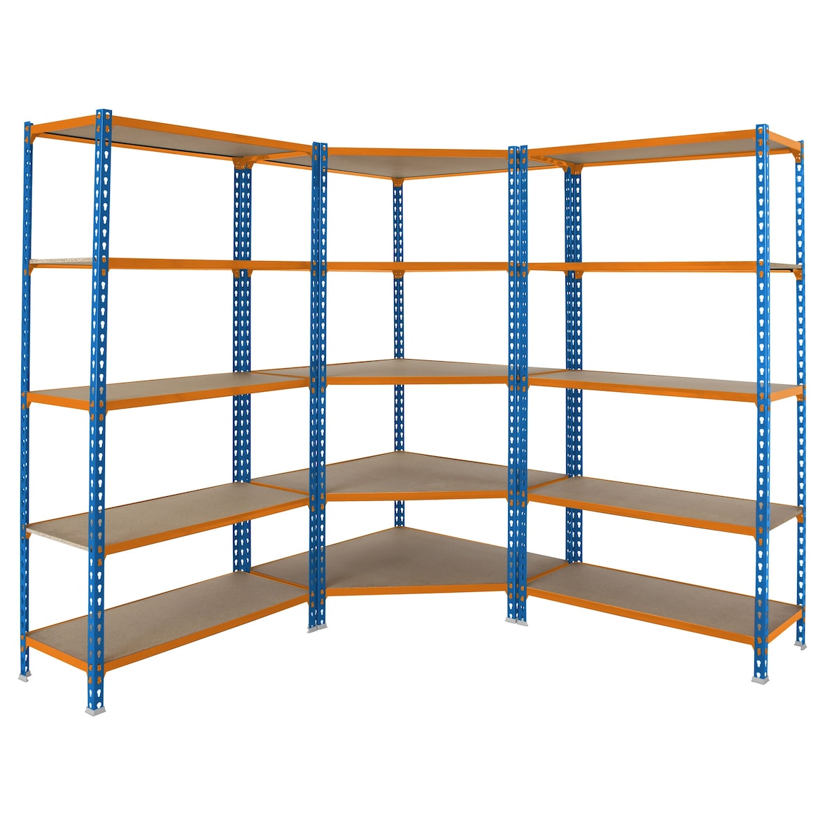 Maderclick Hoekhoekplankenpakket 5 planken + 2 Maderclick 5 planken. Blauw/oranje/houtkleur 1800x1800x300 mm