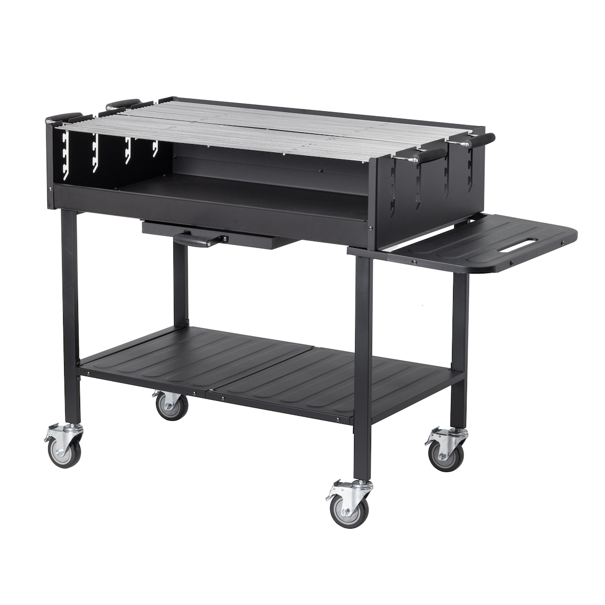 METRO PROFESSIONAL Barbacoa de carbón con ruedas, 137 x 68 x 94 cm, funda protectora y mesa lateral, acero/acero inoxidable, negro