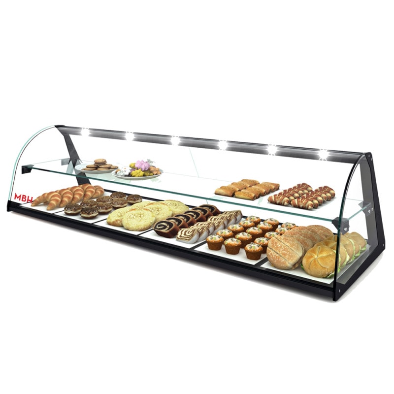 MBH - Vetrina espositiva neutra professionale Snack 84 cm 1 ripiani vetri curvi. Espositore neutro con LED porta brioches per bar e pasticceria.