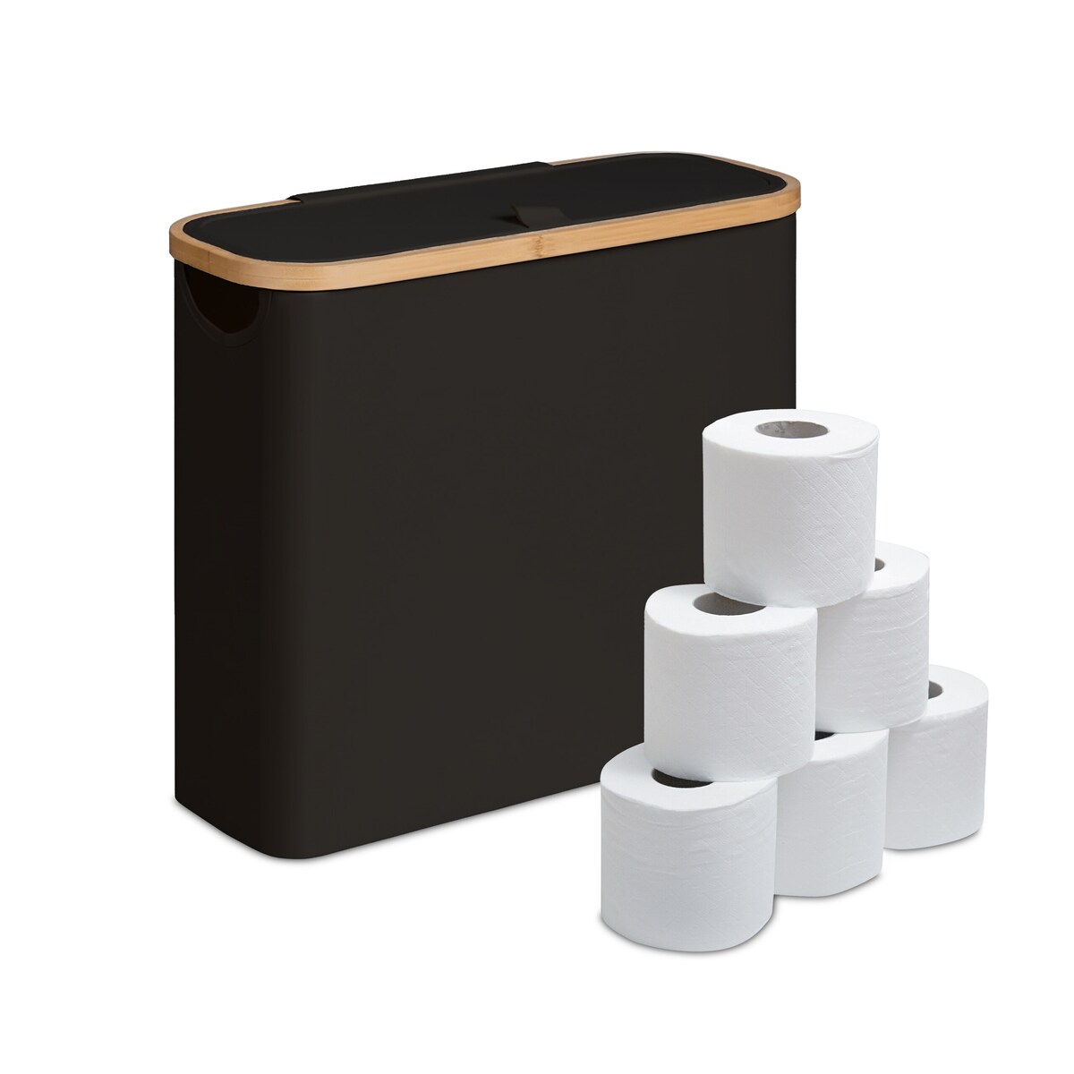 Relaxdays Toilettenpapier Aufbewahrung, 12 Rollen, HBT: 38 x 43 x 17 cm, Stoff, Bambus, Klopapier Korb, Vorrat, schwarz