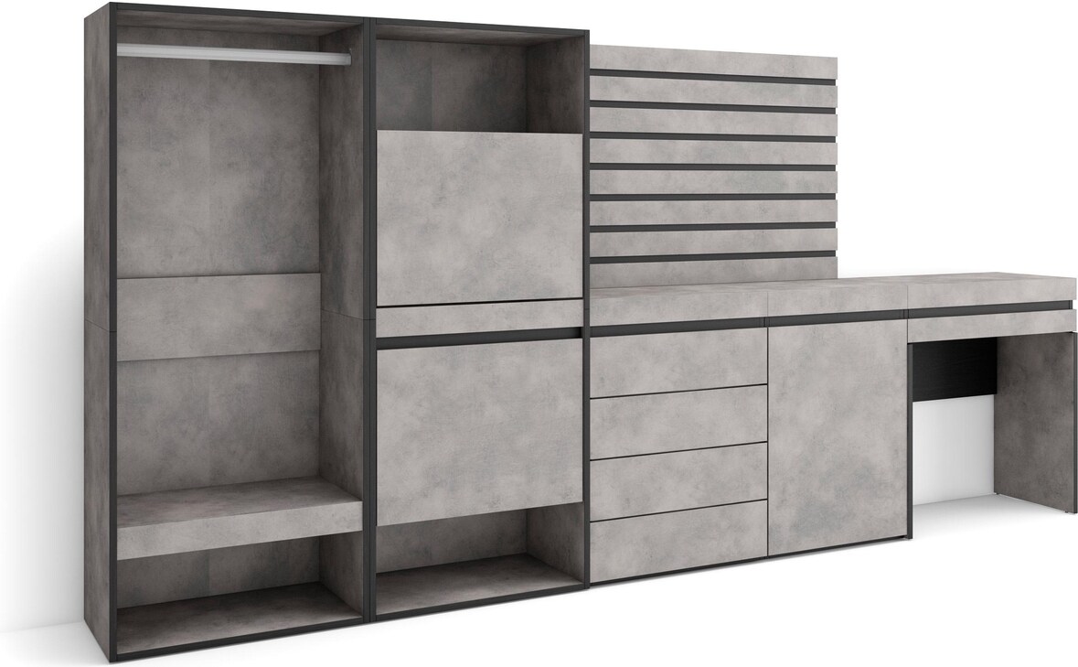 Schuhschrank, Raumsparschrank, 297x35x145 cm, Schlafzimmer, Offener Schrank, Kommode, Dekorative Paneele, Frisiertisch, Zementgrau _460_32