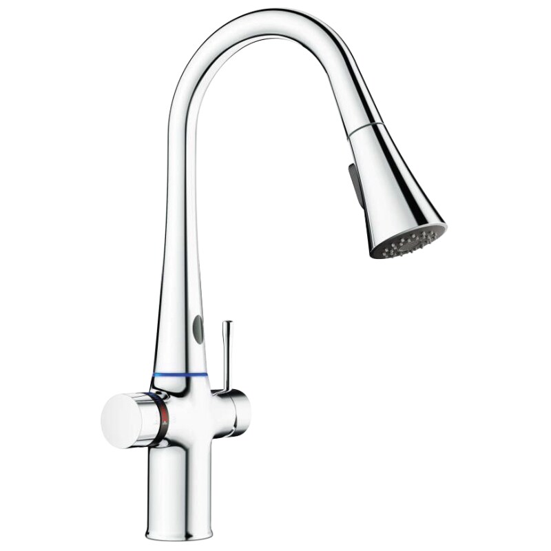 Grifo electrónico y manual con selector de temperatura y ducha extensible