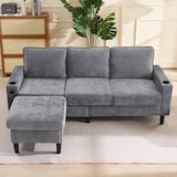thumbnail of L-förmiges Ecksofa 202x137x80 cm mit Fußhocker, Getränkehaltern, USB, Stauraum, Holz- & Eisenrahmen, Leinenstoff, modern, komfortabel, Grau