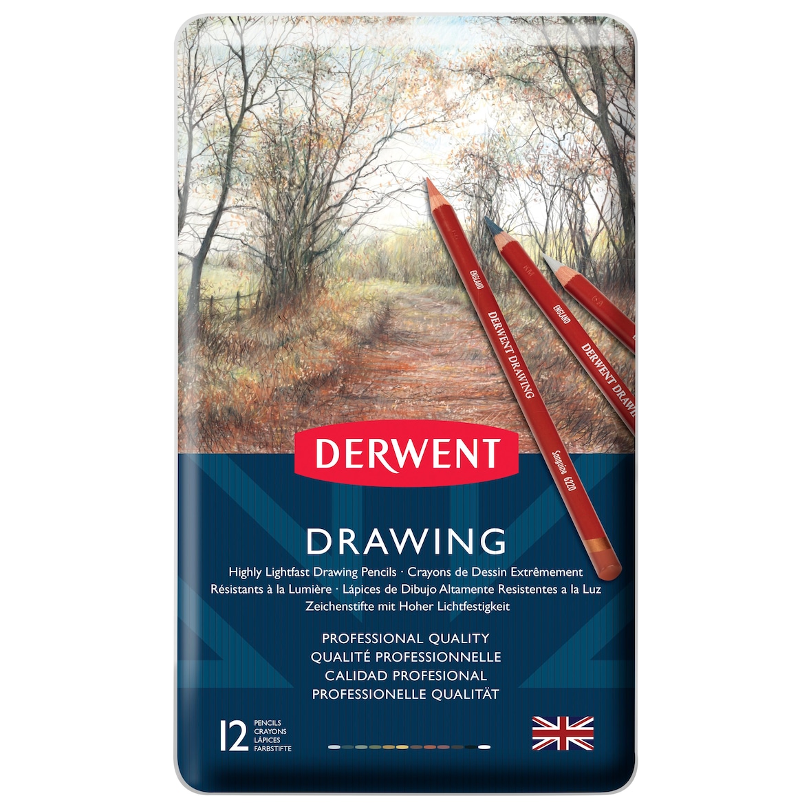 Caja metálica de 12 lápices Derwent Drawing.