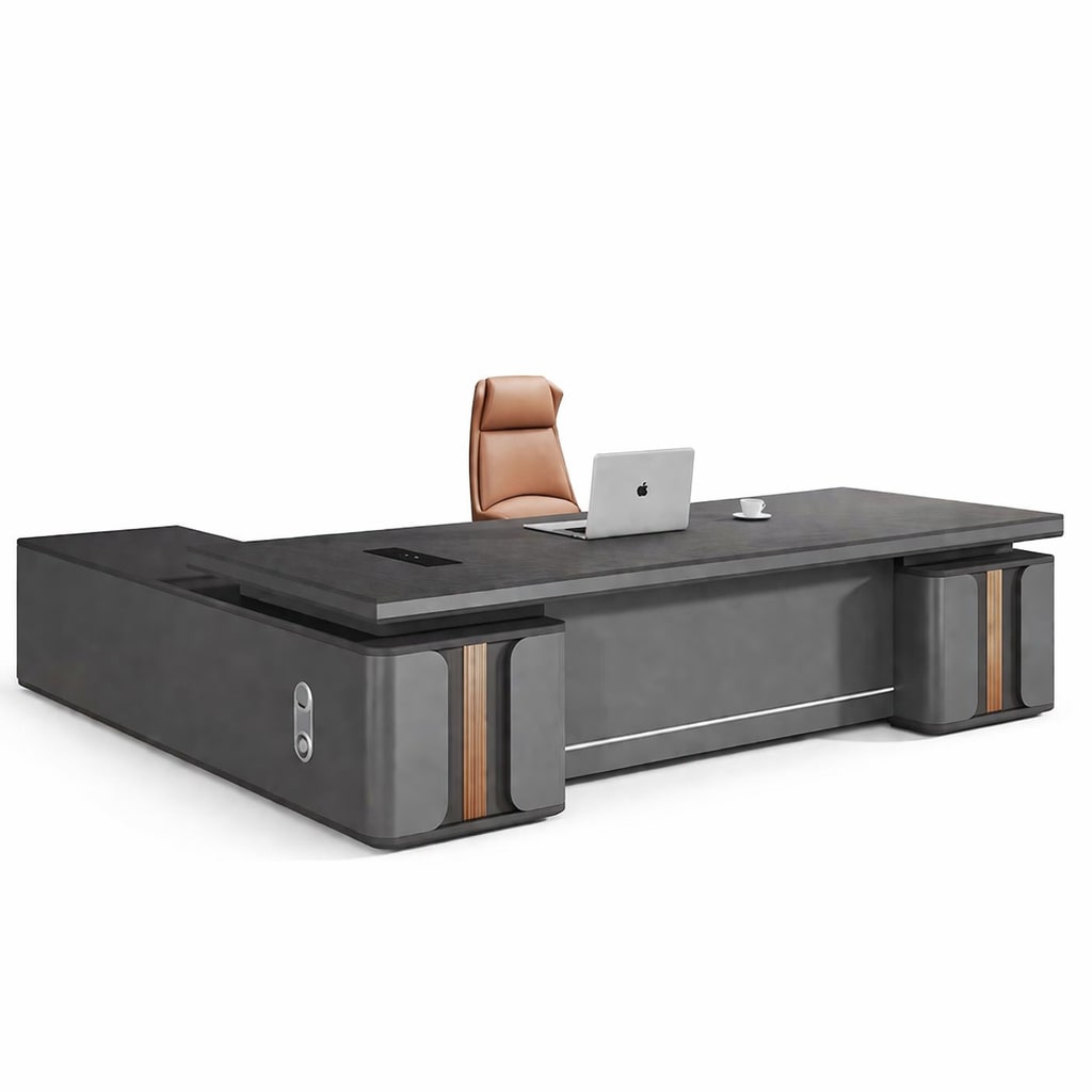Moderner Chefschreibtisch 160 cm Grau – Design Bürotisch mit Sideboard Executive Desk