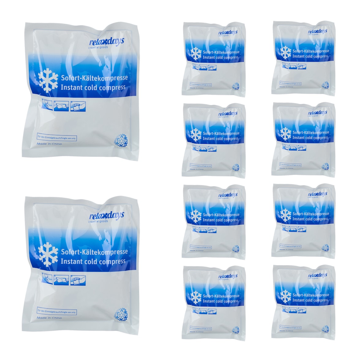 Relaxdays Kühlpack zum Knicken, 10er Set, Sofort Kältekompresse, HxB: 14,5 x 12,5 cm, für Sport & unterwegs, weiß/blau