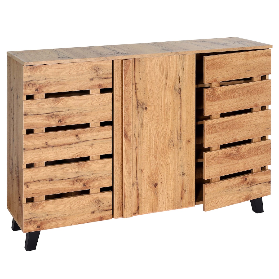 Dressoir HWC-M46, ladekast dressoir, 3 deuren 8 opbergvakken 88x120x34cm, natuurlijke kleur
