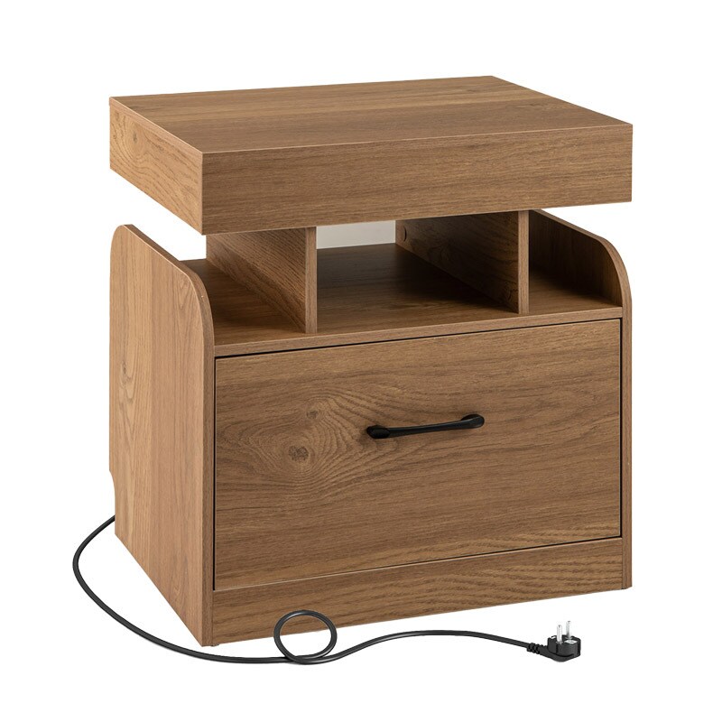 COSTWAY Mesa de cabeceira com estação de carregamento, mesa lateral com gaveta, armário de cabeceira com compartimentos abertos