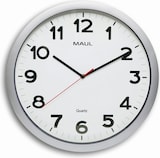 Eine runde Wanduhr mit schwarzen Zeigern.