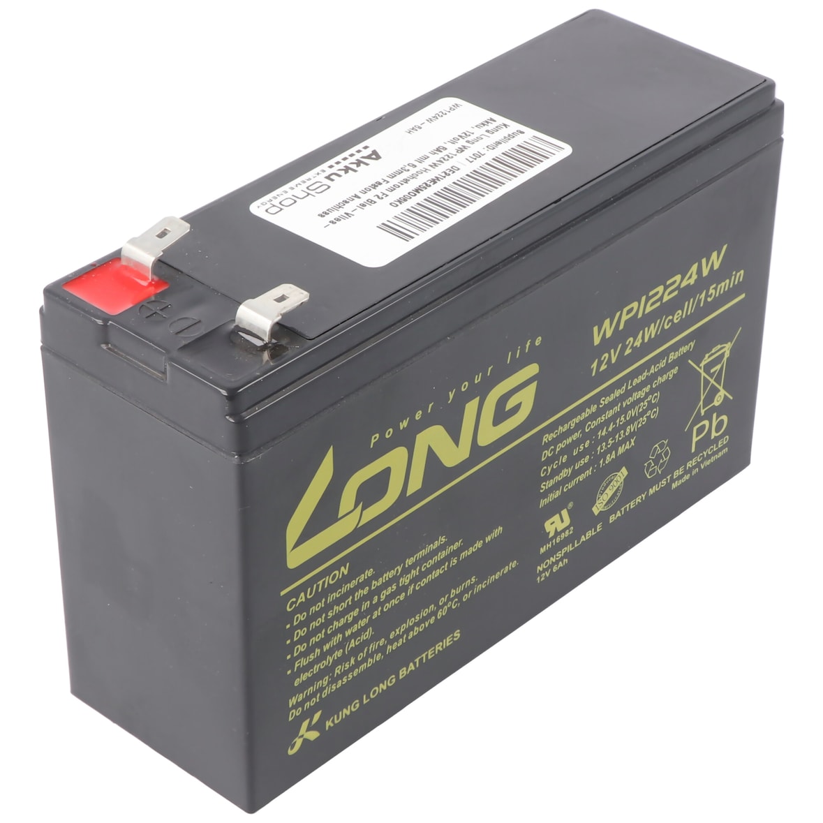 Kung Long WP1224W Hochstrom F2 Blei-Vlies-Akku, 12Volt, 6Ah mit 6,3mm Faston Anschluss