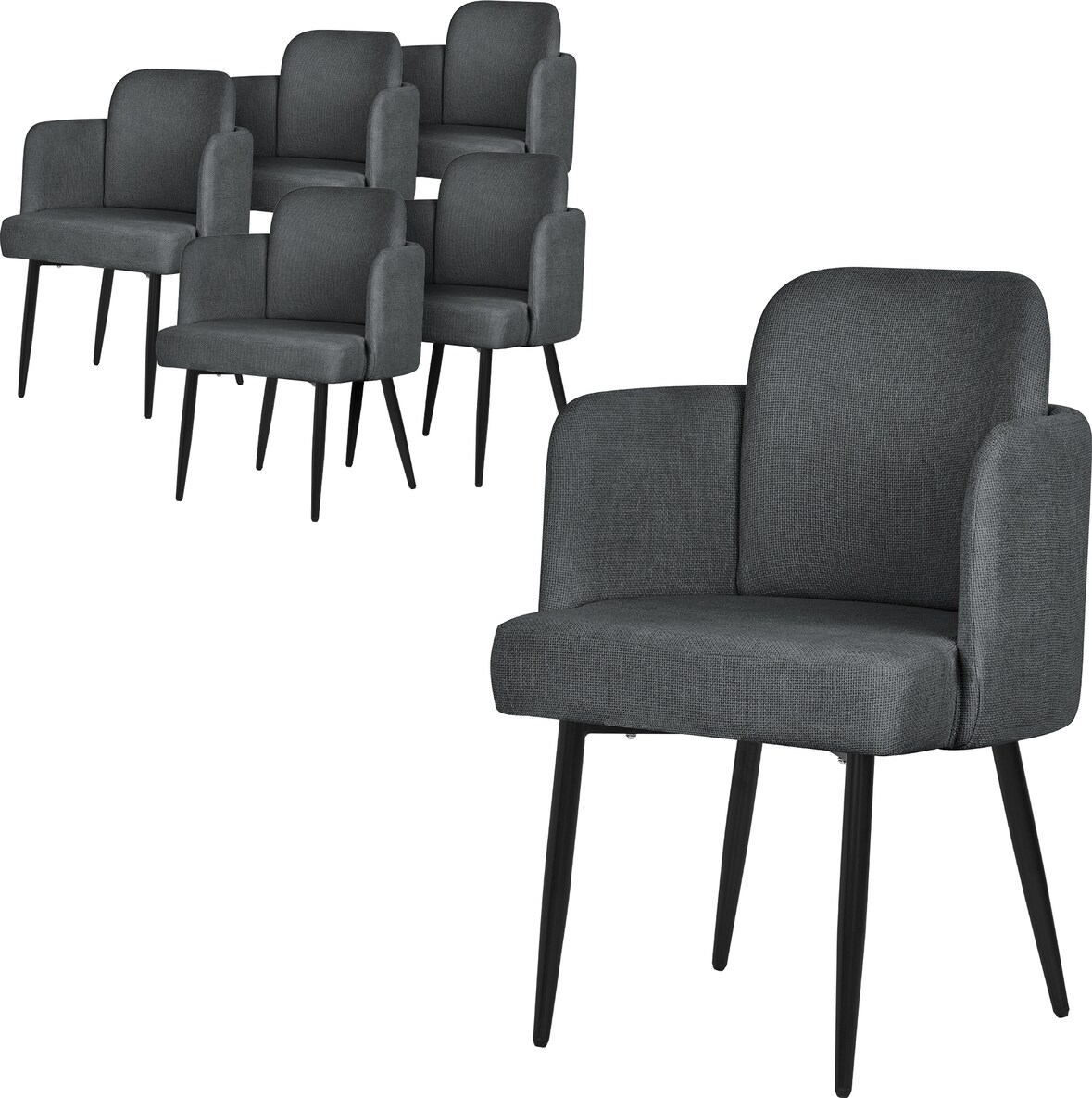 ML-Design Esszimmerstühle 6er Set Anthrazit, Stoff, Armlehnen & Rattan-Optik Rückenlehne, Metallbeine, ergonomische Polsterstühle Küche