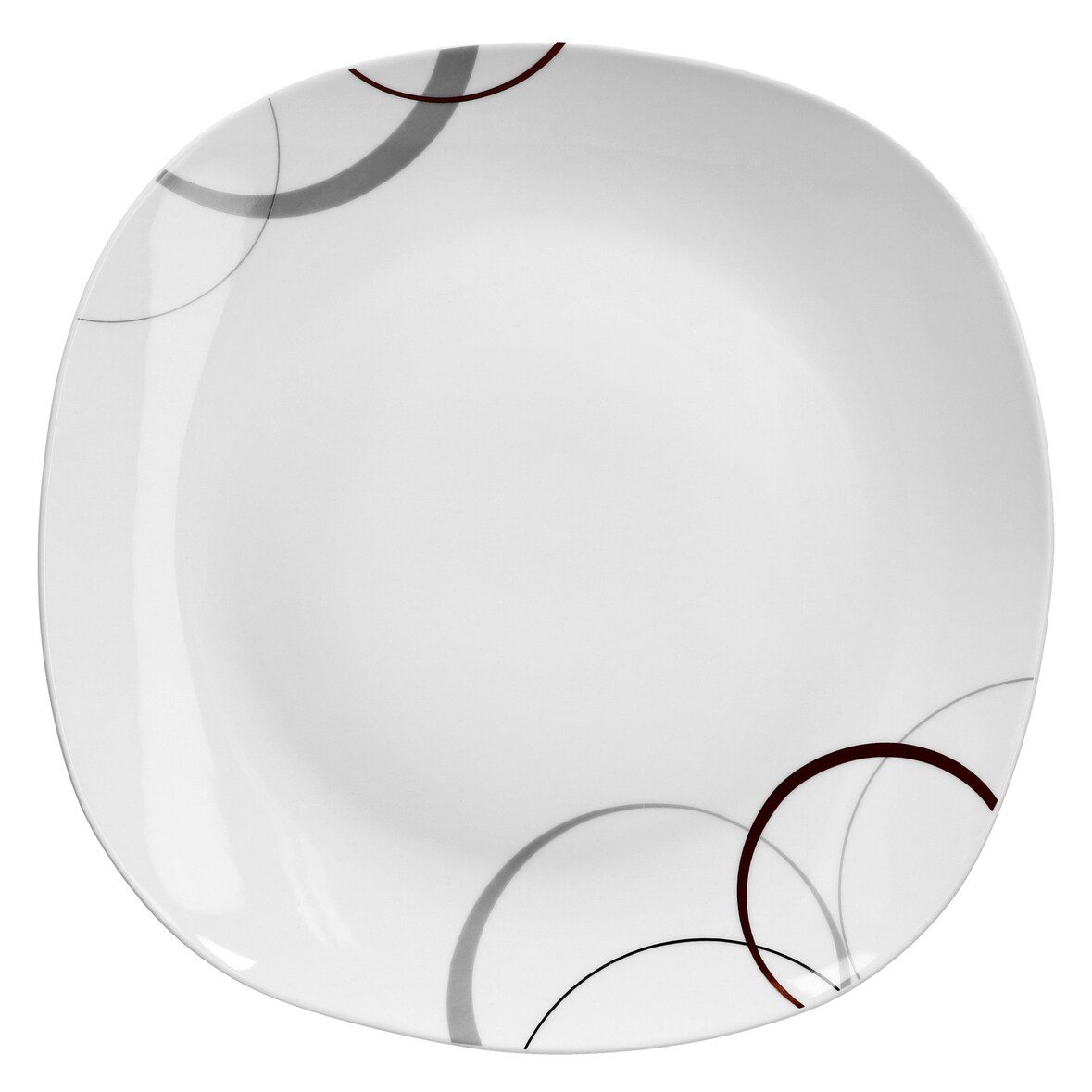 Palazzo Servierplatte 28,5cm aus weißem Porzellan mit Dekor-Kreisen in grau und dunkelrot