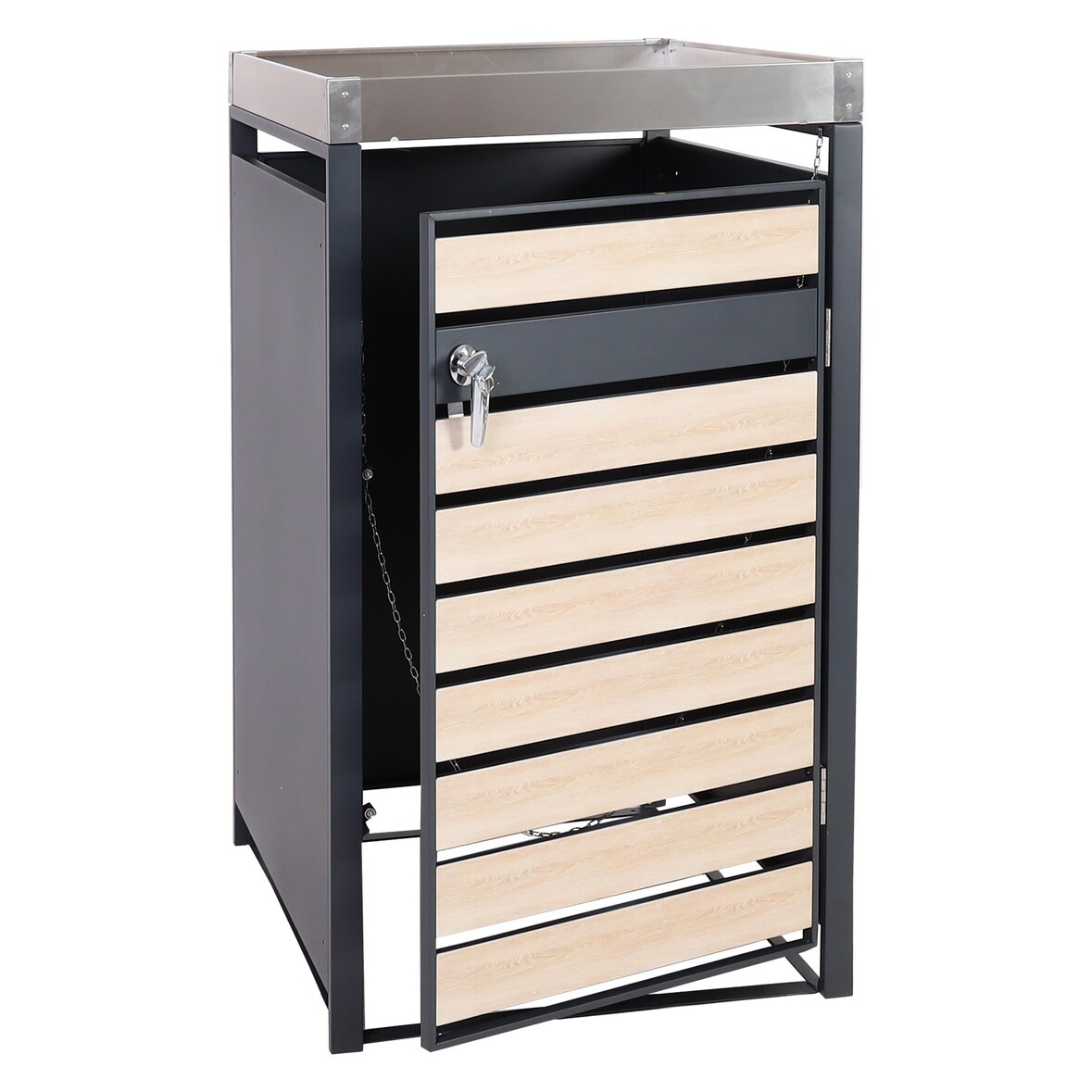 Décoshop26 - Abri poubelle avec bac à plantes porte verrouillable 125 x 68 x 80 cm métal aspect bois de hêtre anthracite 04_0005704