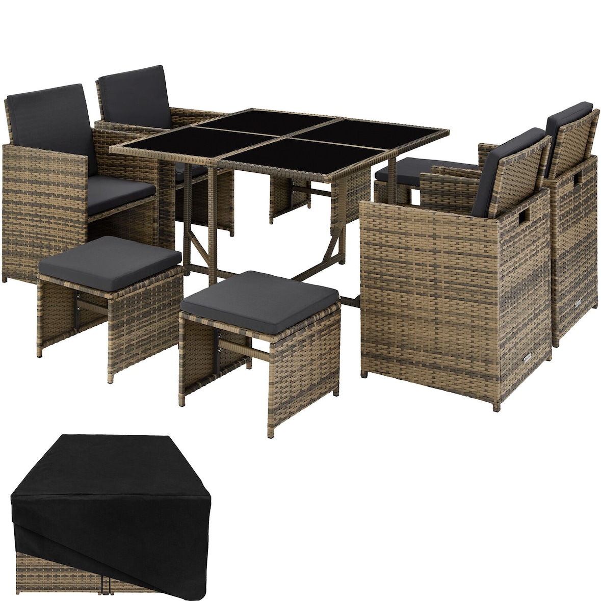 tectake Rattan Sitzgruppe Bilbao inkl. Schutzhülle 4+4+1 - Farbe Natur - Outdoor Möbel - Polyrattan Garten Lounge