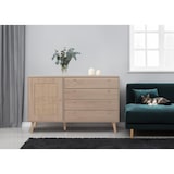 thumbnail of Sideboard HWC-M43, Schrank Kommode Highboard, Schubladen Staufach, Kubu Rattan Holz Melamin, Eiche-Optik