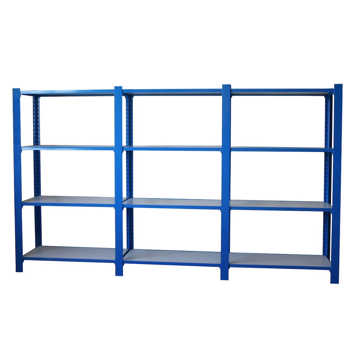 Módulo de 3 estantes Officlick com 4 prateleiras de madeira cada. Azul/branco 1500x2700x400 mm