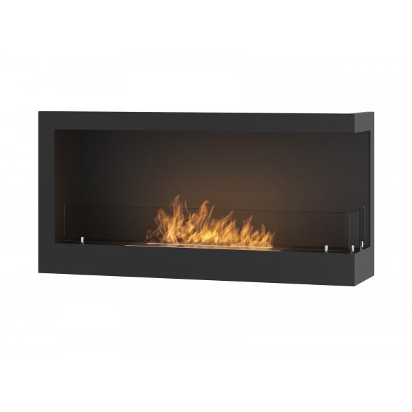 CORN 90 – Eingebauter Bioethanol-Eckkamin mit Schutzglas. Rechte Öffnung – mit Glas