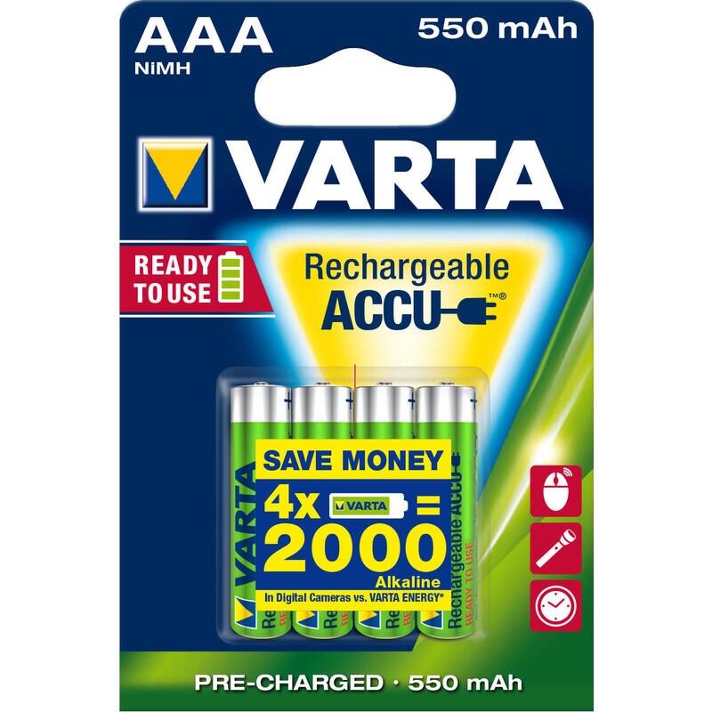 Varta Power wiederaufladbarer Akku Typ AAA 550 mAh, gebrauchsfertig, Packung 4