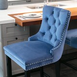 thumbnail of Barhocker Set 2 Samt Blau 103x50x60 cm mit Knopfheftung Ziernägeln Massivholzbeinen höhenverstellbaren Fußgleitern und hohem Rücken