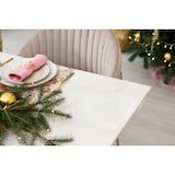 thumbnail of Table d’intérieur 160x90 cm, plateau en verre trempé, pieds en métal, design élégant, pour cuisine ou salle à manger – Morgan – Marbre rose/Or