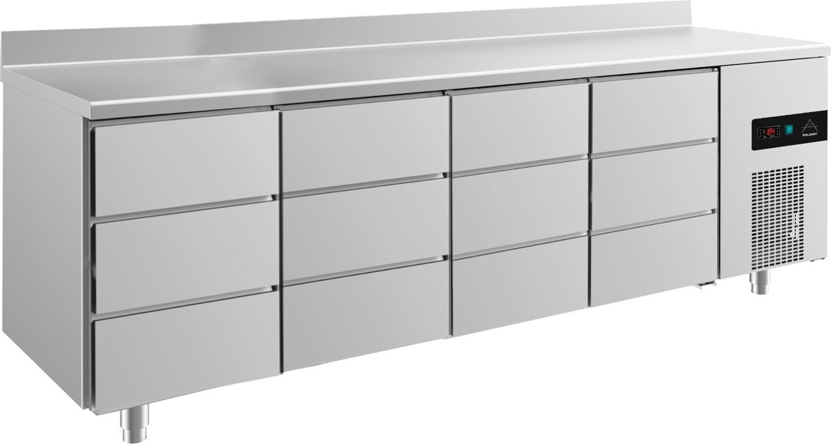 Gastro Kühltisch 12 Schubladen Umluftkühlung Aufkantung, 2330x700x850mm -2/+8°C 632l