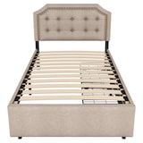 thumbnail of Polsterbett 90x200 mit Stauraum, Einzelbett mit zwei Schubladen, verstellbarer Nachttisch, gepolstertes Bettgestell Beige+Braun