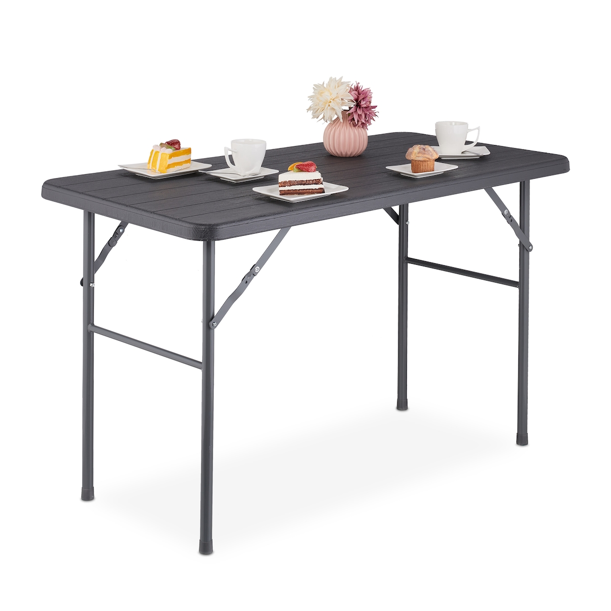Relaxdays Gartentisch, Holzoptik, eckig, HxBxT: 74 x 118 x 60 cm, Kunststoff, Metall, klappbarer Terrassentisch, grau