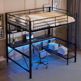 thumbnail of Hochbett 140x200 mit Geländer, Trittleiter, Schreibtisch, Regalen, LED-Beleuchtung, USB und Steckdose, Metallrahmen, funktionales Loftbett Schwarz