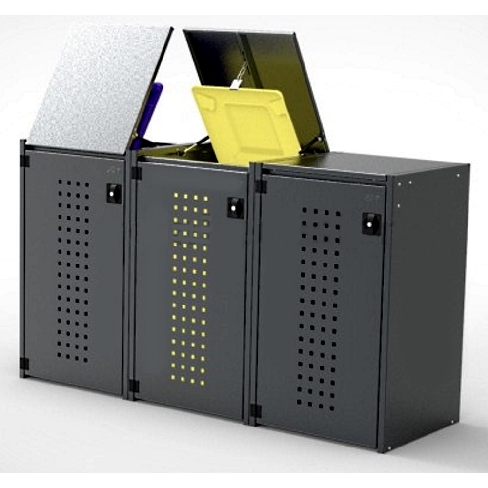 Mülltonnenbox BOXXI mit Kippdeckel 3x120L, Aluminium in RAL-7016, Mülltonnenhaus, Mülltonnenverkleidung