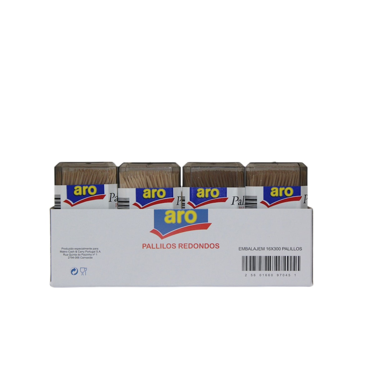 Aro - Caixa com 15 embalagens de 16 paliteiros com 300 palitos redondos de 2 bicos de 2.0x65mm