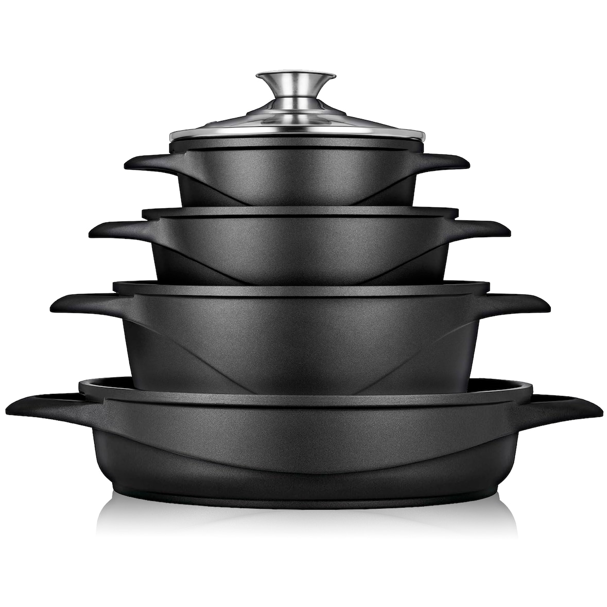 Briebe MGK-17 Kochtopf Set Induktions 8-Teilig Aluminiumguss 4 Kochtöpfen  4 Glasdeckel, Schwarz