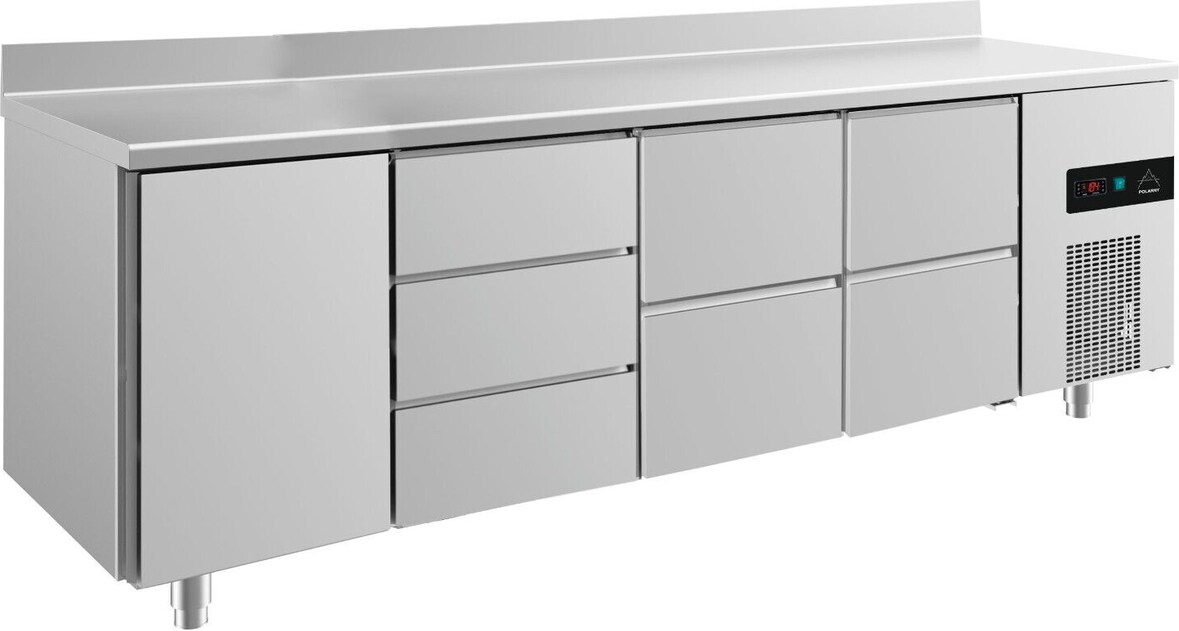 Gastro Kühltisch 1 Tür links je 2 Schubladen mittig&rechts 3 Schubladen mittig, Aufkantung, Umluftkühlung 2330x700x850mm -2/+8°C 632l