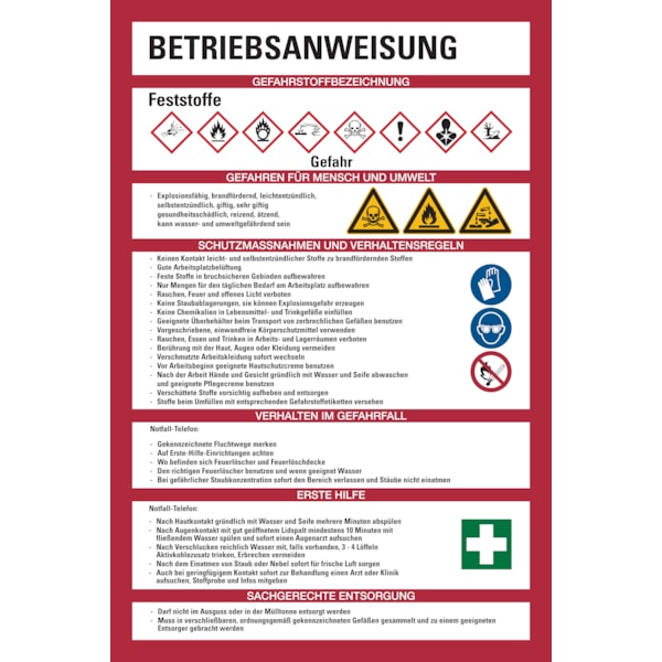 Aushang, Betriebsanweisung für Feststoffe - GHS/ISO 7010 Piktogramme - 200x300x1.5 mm Kunststoff