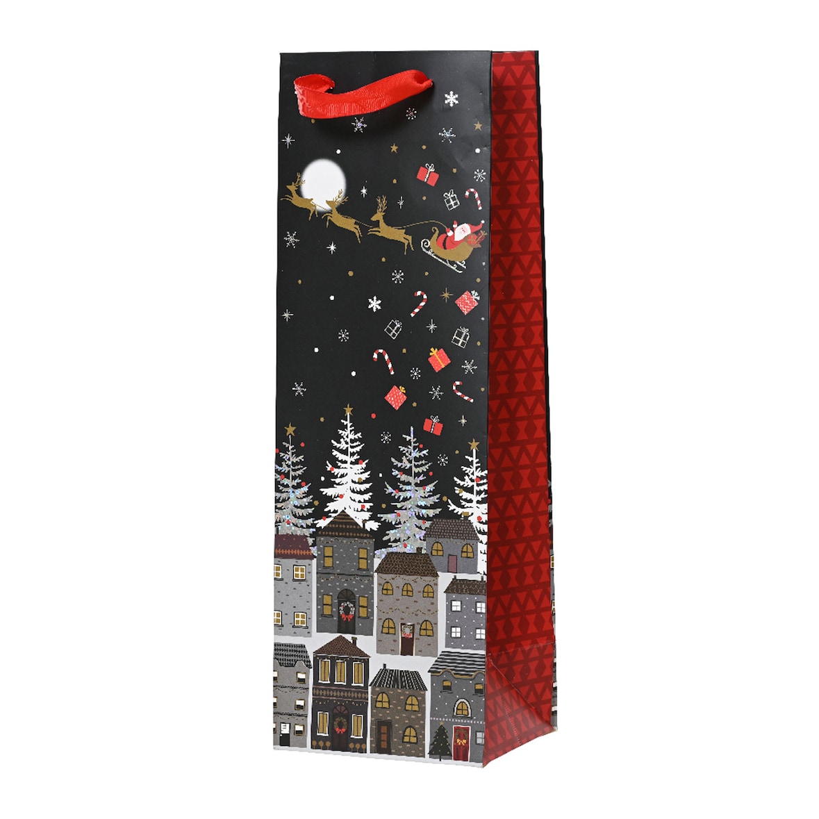 1 Geschenktüte Flasche Weihnachten 12x10x36cm mit Henkel und Motiv wiederverwendbar Geschenktaschen Weihnachtstaschen Weihnachtstüten Rot / Schwarz