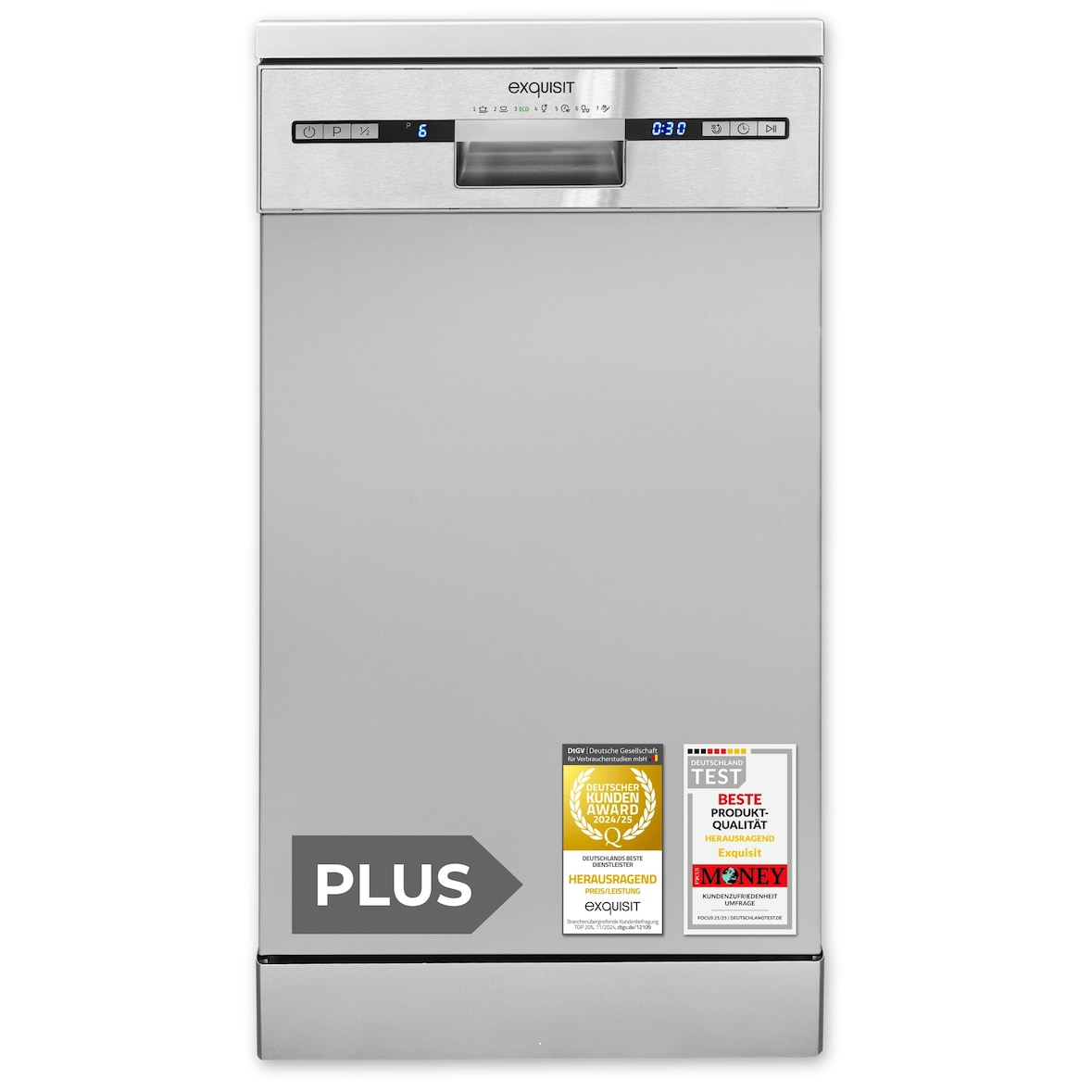Exquisit PLUS Geschirrspüler 45 cm, Unterbaufähig, 9 Maßgedecke, 9 Liter, ECO-Programm, Startzeitvorwahl, GSP59309-030E silber